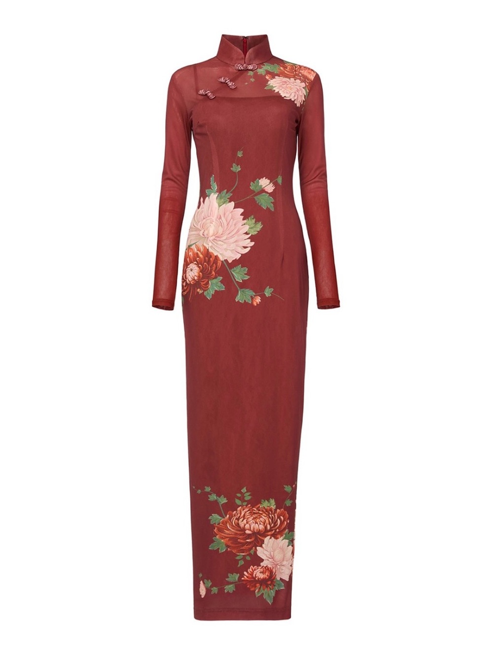 SAU LEE  Kaia Mesh Dress. Mandarin-Collar Floral Maxi Dress in Burgundy - Picture 3 of 4